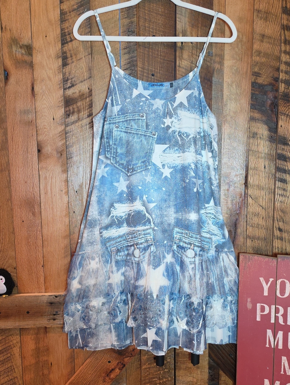 169p Origami Blue Star Screen Print Denim-Style Slip Dress/tunic